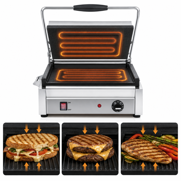 Product image #3 for Eurodib Commercial Countertop Electric Panini Press with Flat Top & Bottom Cast Iron Plates, 14 x 10 Inches