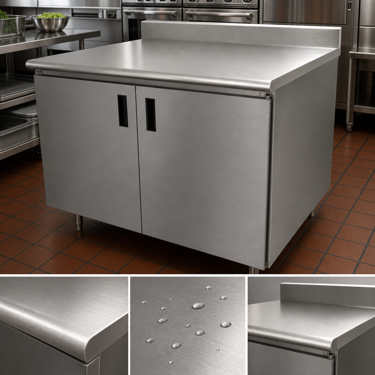 Product image #3 for Advance Tabco Enclosed Stainless Steel Work Table with Cabinet Base, Mid-Shelf, Hinged Doors, and 5-Inch Backsplash