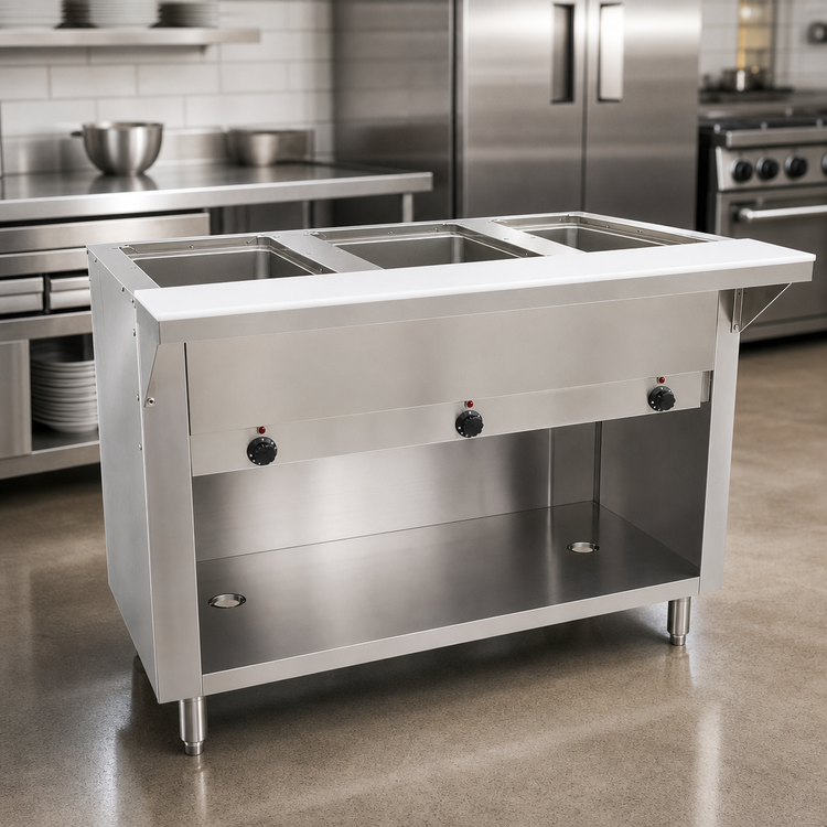 Product image #3 for Advance Tabco Triumph Supreme Electric 3-Well Hot Food Table with Stainless Steel Top and Cutting Board Shelf, 120V