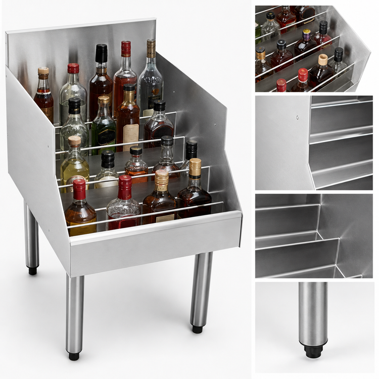 Product image #3 for CHOICE Freestanding Stainless Steel Underbar Liquor Steps with Bottle Retaining Rails, 18 x 24 Inches, 5-Step