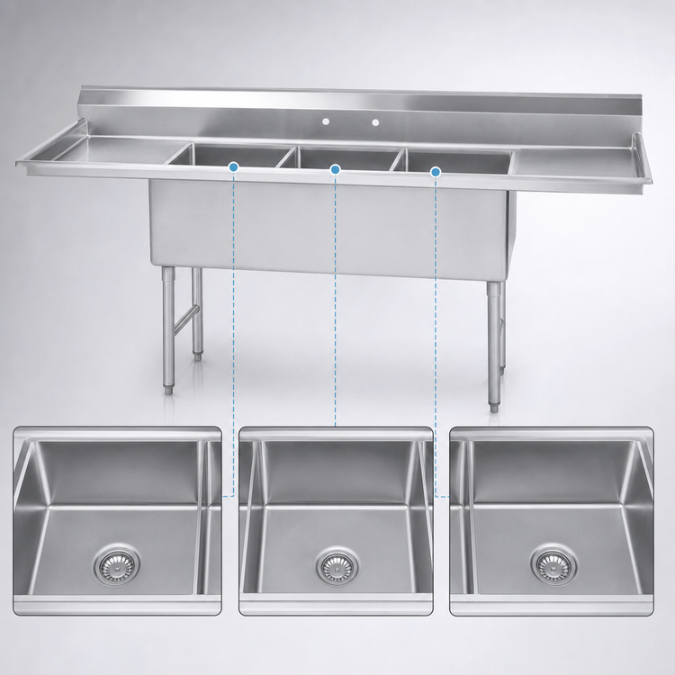 Product image #3 for Advance Tabco 3-Compartment Fabricated Sink with Left and Right Drainboards, 30 x 30 x 14 Inch Bowls