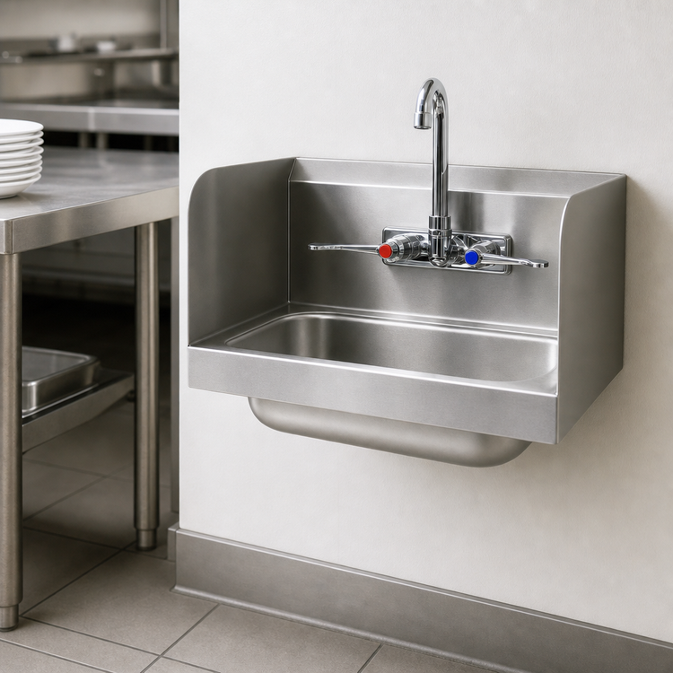 Product image #3 for Advance Tabco Wall-Mounted Hand Sink with Included Faucet and Wrist Blades, 14" x 10" x 5" Bowl