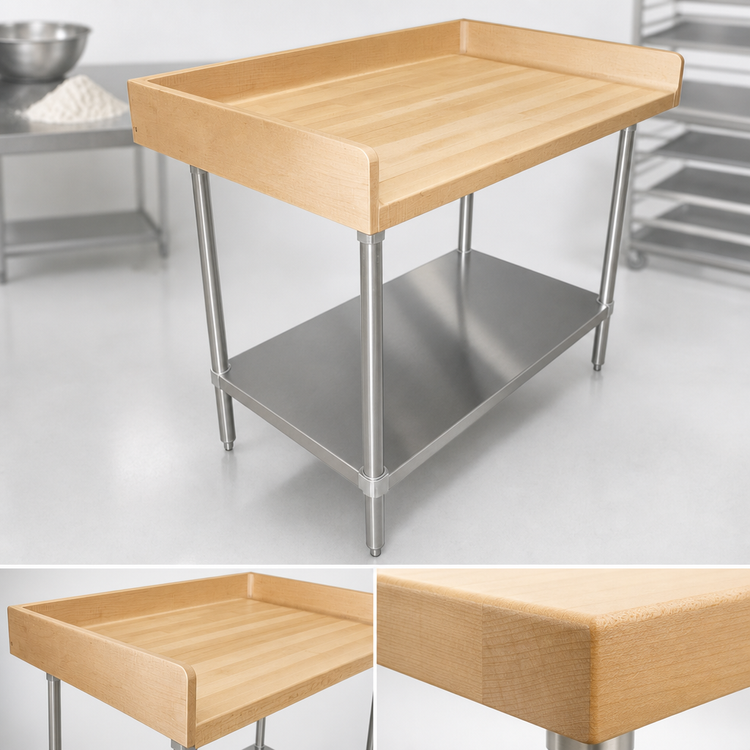 Product image #3 for Advance Tabco Bakers' Top Wood Work Table with 4-Inch Rear and Side Splash, Adjustable Undershelf, 60 x 36 Inches