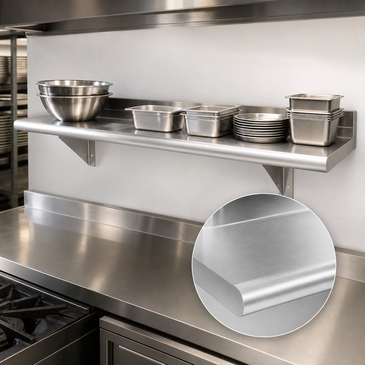 Product image #3 for Advance Tabco 132 Inch W x 12 Inch D Wall-Mounted Stainless Steel Shelf, 18 Gauge 430, Satin Finish