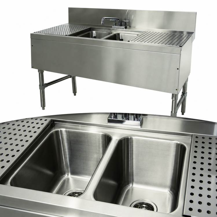 Product image #3 for Advance Tabco Prestige 48-Inch Two-Compartment Underbar Bar Sink with Dual Drainboards and Deck-Mount Faucet