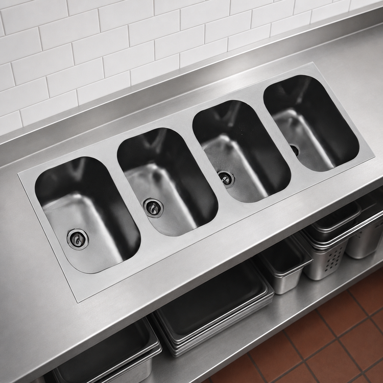 Product image #3 for Eagle Group Four-Compartment Seamless Weld-In Sink with 22 x 22 x 13-1/2-Inch Bowls