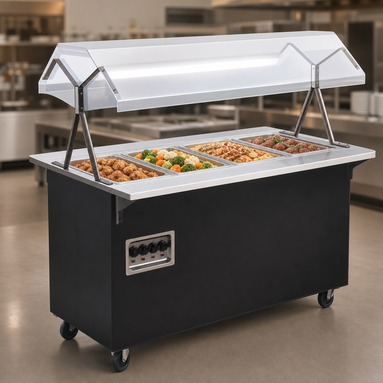 Product image #3 for Vollrath 2-Series Affordable Portable 4-Well Mobile Hot Food Station with Buffet Breath Guard and Lights, Black