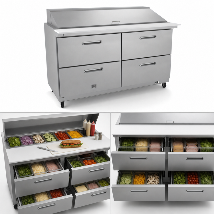 Product image #4 for Kelvinator Commercial 61-Inch Two-Section Mega Top 4-Drawer Refrigerated Prep Table, 24-1/6 Pan