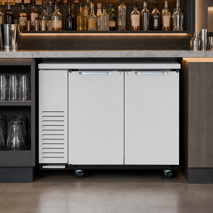 Product image #3 for Turbo Air Super Deluxe Narrow Two-Section Solid Door Back Bar Cooler, 12.2 Cu. Ft., Self-Contained Side-Mount, Stainless Steel