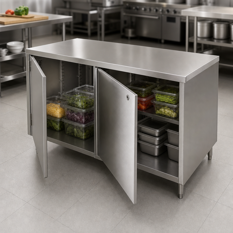 Product image #3 for BK Resources Dual-Access Chef Table Cabinet Base with Locking Hinged Doors, 304 Stainless Steel, 48 x 30 x 34-3/4 Inches