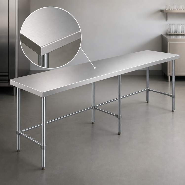 Product image #3 for Sapphire 108-Inch x 14-Inch 18-Gauge 430 Stainless Steel Flat Top Underbar Work Table with Open Base and Galvanized Legs