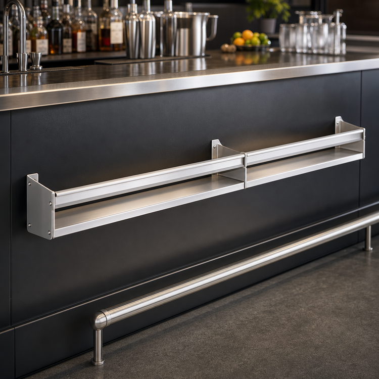 Product image #3 for Glastender 84-Inch Single Stainless Steel Speed Rail with Open Step-and-Rail Design