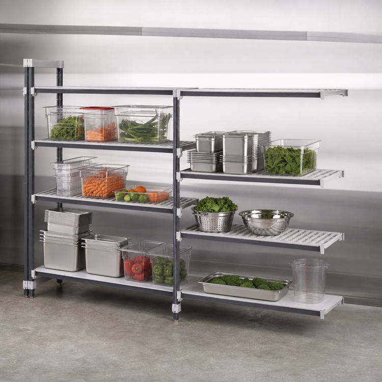 Product image #3 for Cambro Camshelving Elements XTRA 4-Tier Stationary Add-On Polymer Shelving Unit, 21" x 30" x 64", Speckled Gray