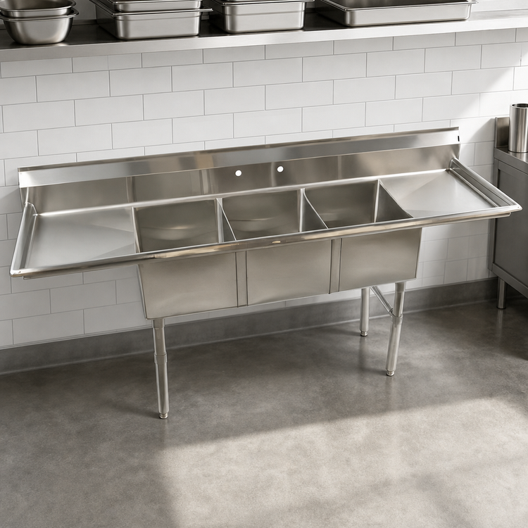 Product image #3 for 84-Inch Economy Three-Compartment Stainless Steel Sink with Double Drainboards