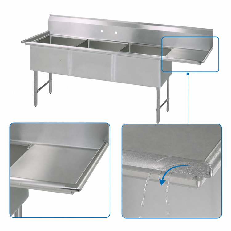 Product image #3 for BK Resources Three Compartment 16-Gauge Stainless Steel Sink with Right Drainboard