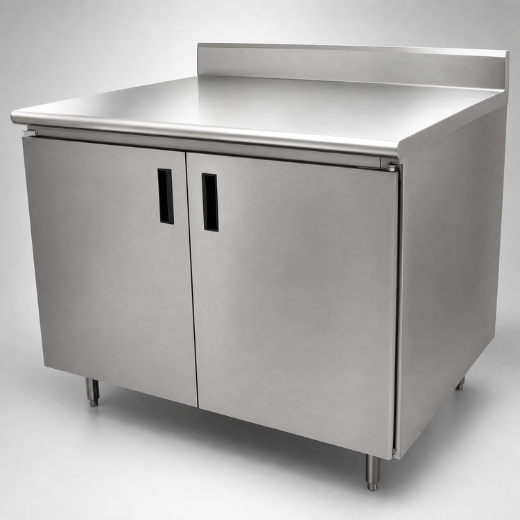 Product image #3 for Advance Tabco 60" x 24" Enclosed Stainless Steel Work Table with Cabinet Base, Mid-Shelf, Hinged Doors, and 5" Backsplash