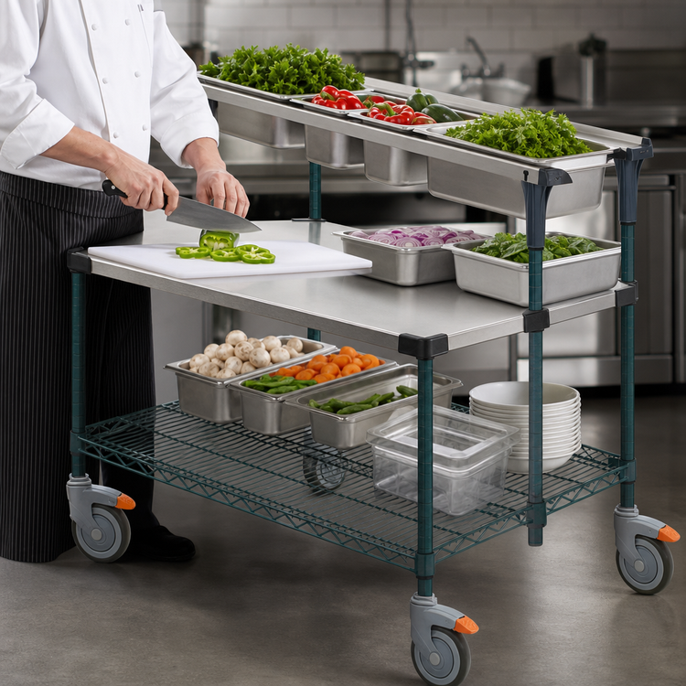 Product image #3 for Metro PrepMate MultiStation Adjustable Prep Cart with 18 x 24 Solid Stainless Steel Shelf and MetroSeal 3 Wire Shelf