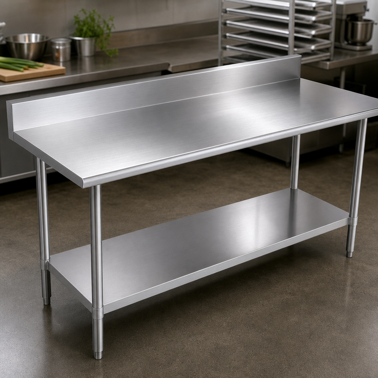 Product image #3 for Duke Deluxe 72 Inch x 24 Inch 16-Gauge 300 Series Stainless Steel Work Table with 5 Inch Riser, Stainless Steel Undershelf, and Posts