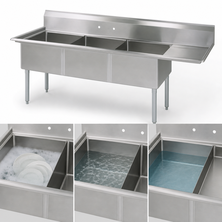 Product image #3 for Three-Compartment Stainless Steel Sink with Right Drainboard, 18" x 24" x 14" Bowls