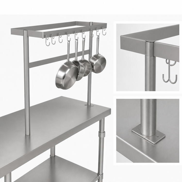 Product image #3 for John Boos Square Table-Mount Stainless Steel Pot Rack with 15 Double Hooks, 55-1/4"W x 18"D x 48"H