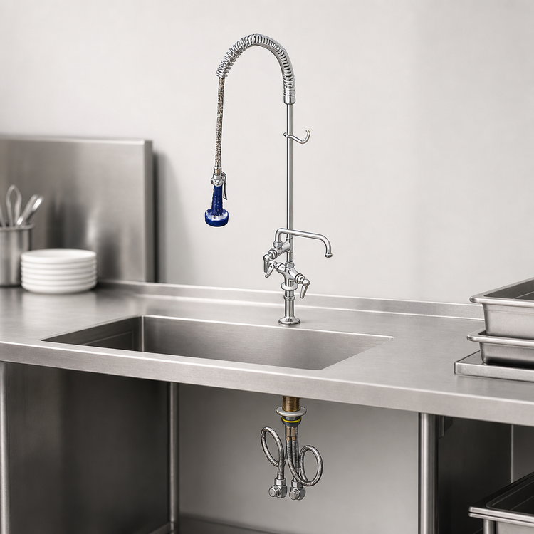 Product image #3 for T&S Brass EasyInstall Single-Hole Deck-Mount Pre-Rinse Mixing Faucet with Add-On Faucet, 6-Inch Swing Nozzle, 24-Inch Riser and 44-Inch Hose