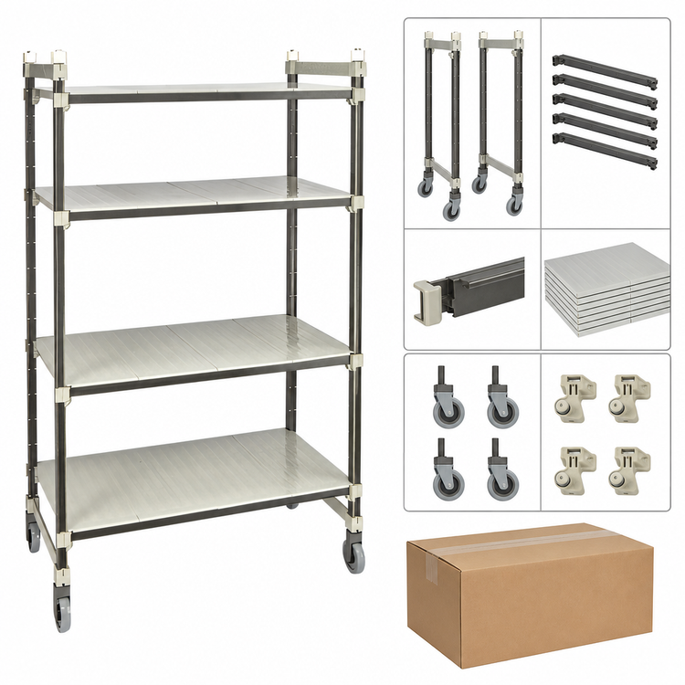 Product image #3 for Cambro Camshelving Elements XTRA 4-Tier Solid High Density Overhead Track Mobile Starter Unit, 21 x 54 x 80 Inches, Speckled Gray