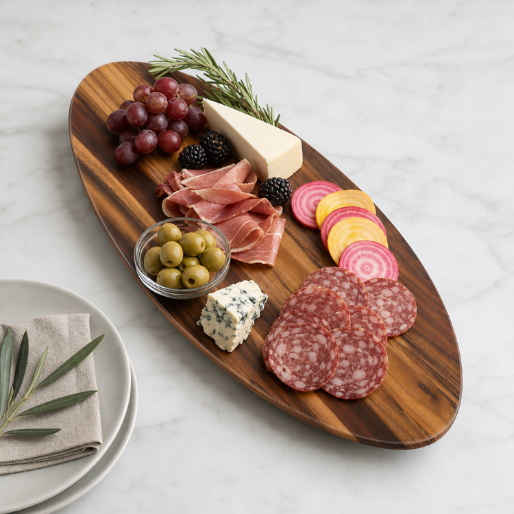 Product image #3 for American Metalcraft Naturals 25-1/2" x 10-1/4" Oval Acacia-Pattern Melamine Serving Board