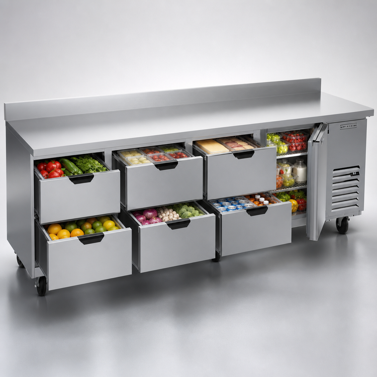 Product image #3 for Beverage-Air 119-Inch Four-Section Worktop Refrigerator with 6 Drawers and 1 Door