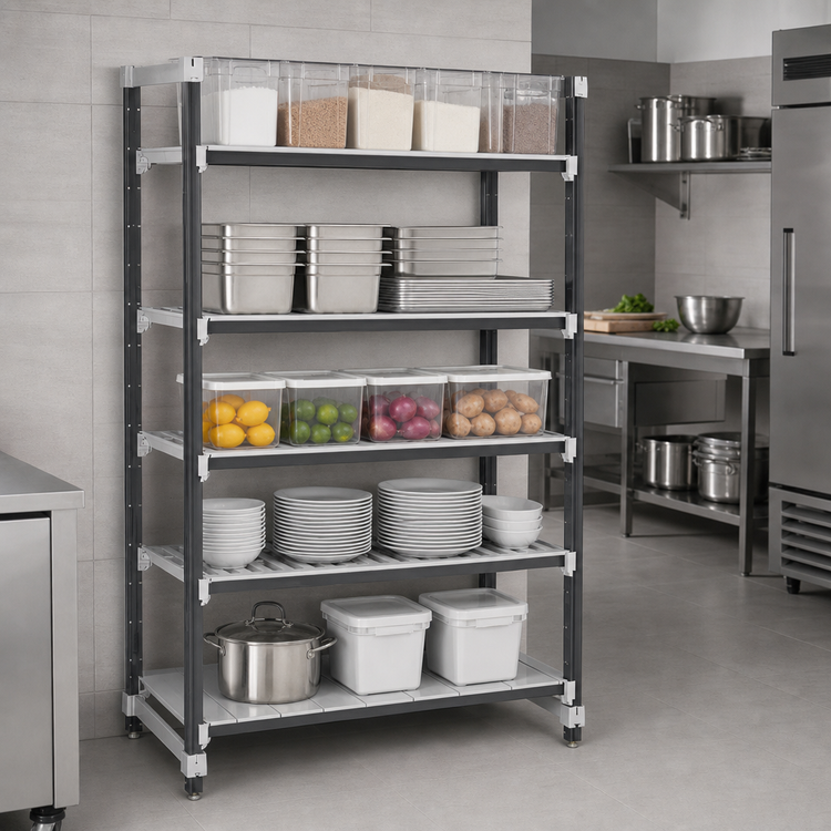 Product image #3 for Cambro Camshelving Elements XTRA 5-Tier Stationary Starter Unit, 24-Inch Deep x 42-Inch Long x 84-Inch High, Vented and Solid, Speckled Gray
