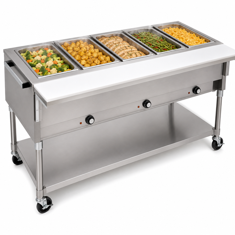 Product image #3 for Eagle Group 82-Inch Portable Electric Hot Food Table with 5 x 12 x 20 Dry Wells, Open Base, 208V