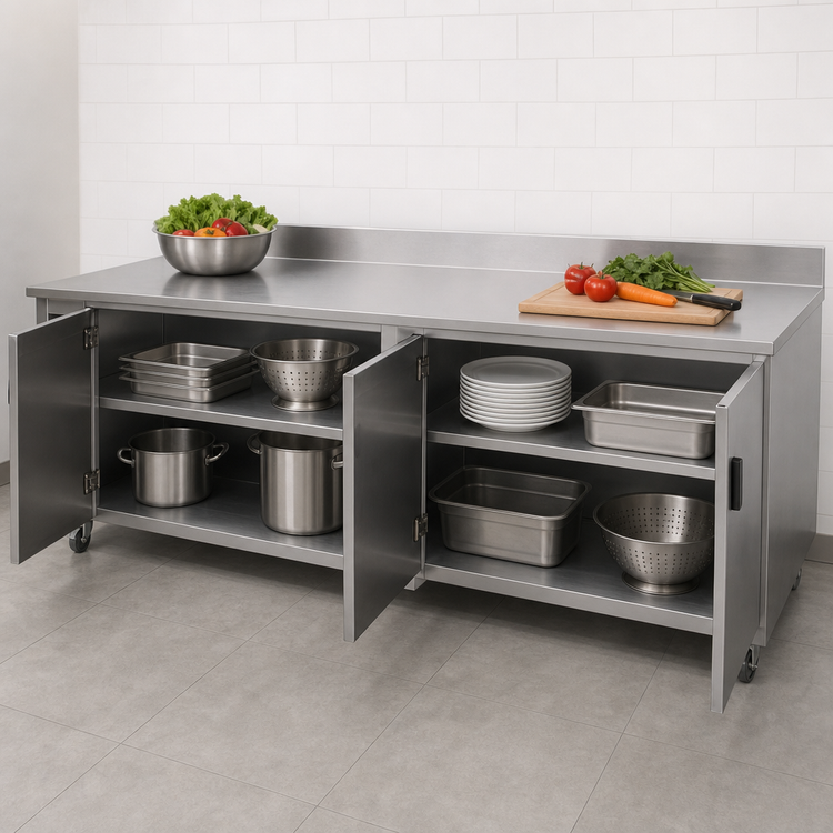 Product image #3 for Advance Tabco Special Value Economy Enclosed Work Table with Cabinet Base, Mid-Shelf and Hinged Doors, 108"W x 30"D, 16 Gauge 304 Stainless Steel Top, 5" Backsplash