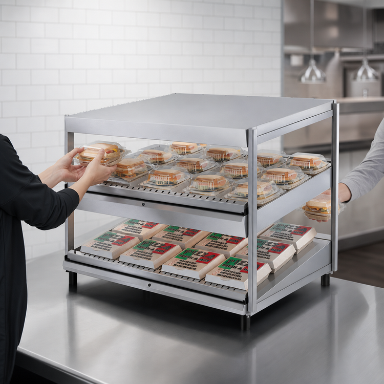 Product image #3 for Hatco Glo-Ray® 52-Inch Countertop Pass-Through Merchandising Warmer with 2 Slanted Shelves