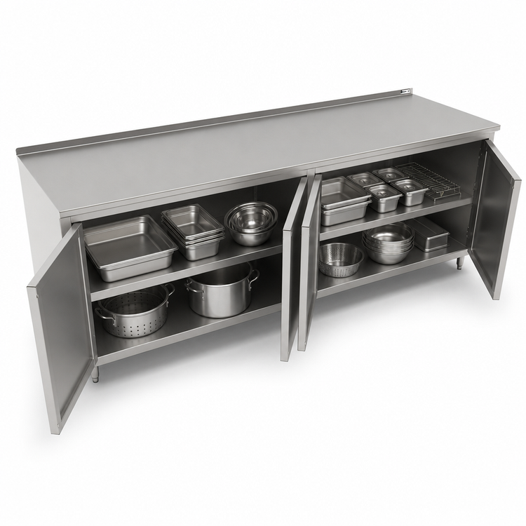 Product image #3 for John Boos 108" x 24" Enclosed Work Table, Cabinet Base with Hinged Doors, 14-Gauge Stainless Steel Top