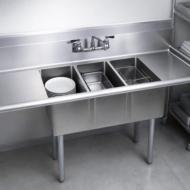 Product image #3 for BK Resources 60-Inch Three-Compartment Convenience Store Sink with Dual 12-Inch Drainboards