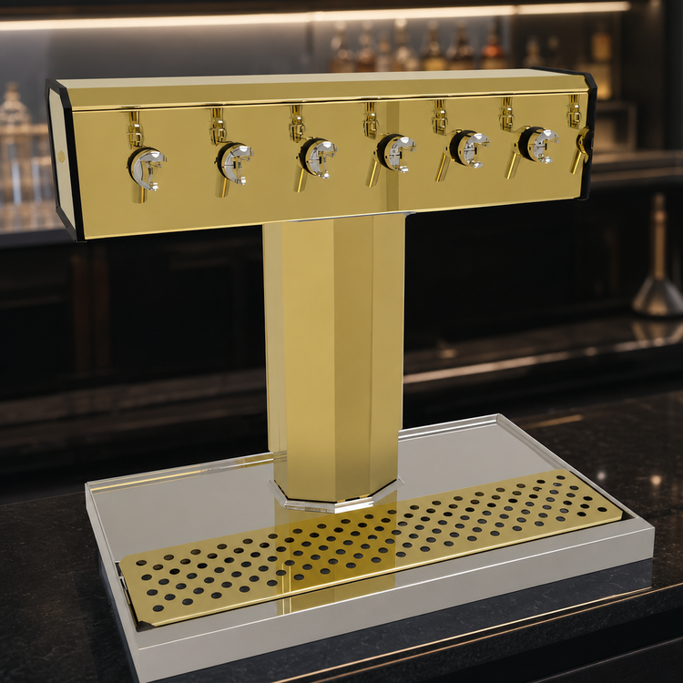 Product image #3 for Glastender BT-6-PBR Countertop Tee Draft Dispensing Tower, 6 Faucets, Glycol-Cooled, Polished Brass Finish