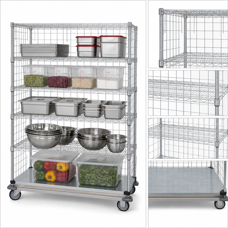 Product image #3 for Quantum Wire Enclosed Mobile Shelving Cart with 5 Shelves, 60 x 24 x 69 Inches, Chrome Plated Finish