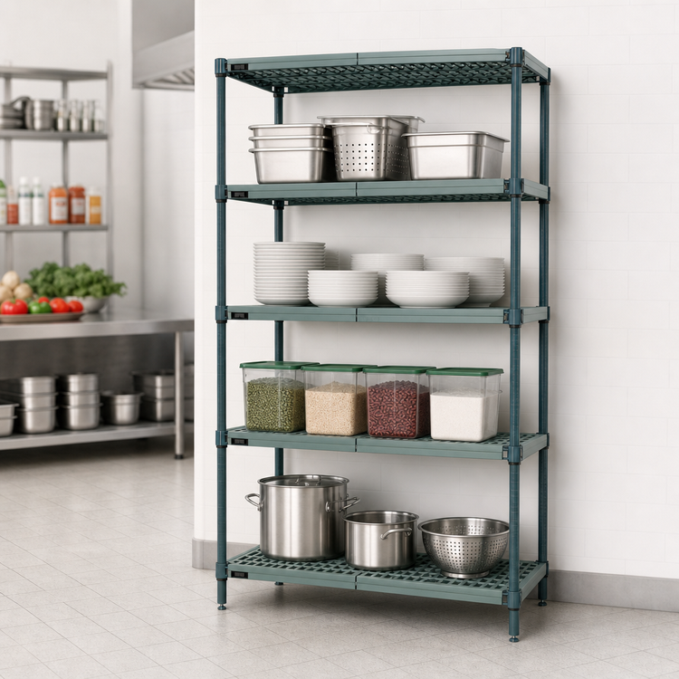 Product image #3 for Quantum 4-Tier Stationary Wire Plastic Mat Shelving Unit, 36"W x 24"D x 74"H, Green Epoxy