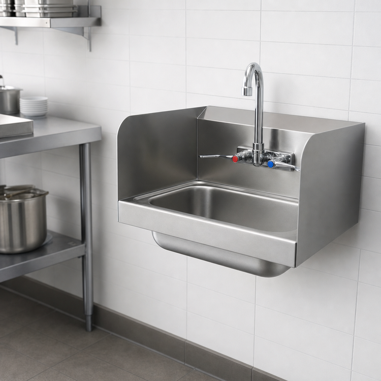 Product image #3 for Advance Tabco Wall-Mounted Hand Sink with 14" x 10" x 5" Bowl, 304 Stainless Steel, Side Splashes, Faucet and Wrist Blades