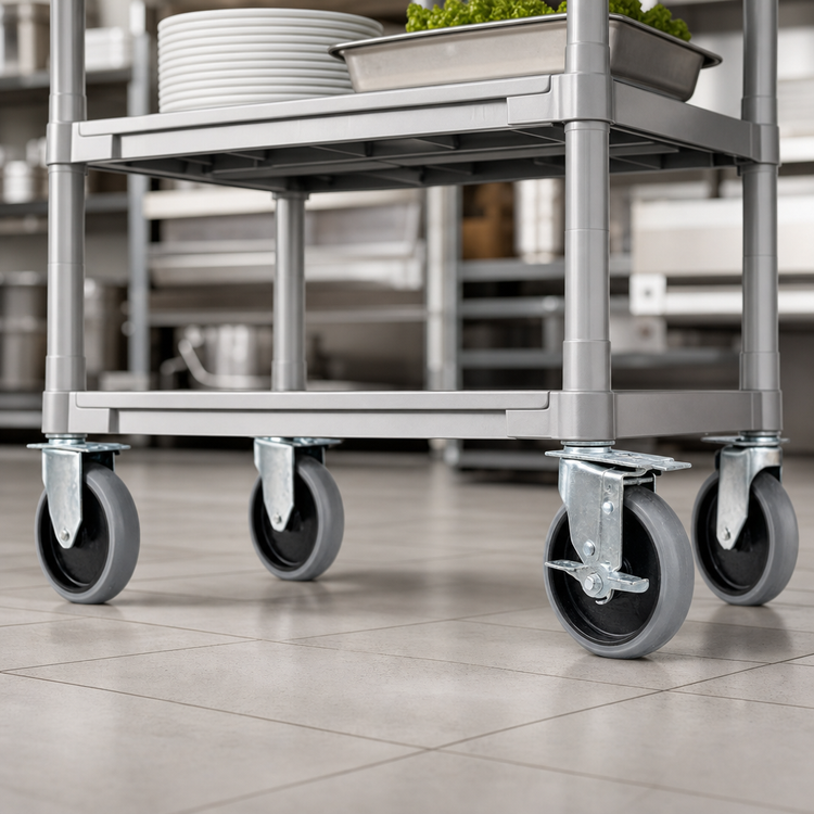 Product image #3 for Rubbermaid Commercial Products 5-Inch Thermoplastic Rubber Shelf Casters Set with 2 Fixed and 2 Locking Swivel Casters, Gray