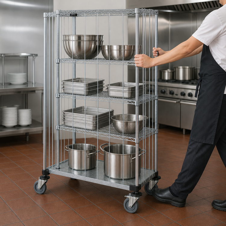 Product image #3 for Mobile Wire Enclosure Cart, 48 x 18 x 69 Inches, 4 Shelves, Chrome-Plated Finish