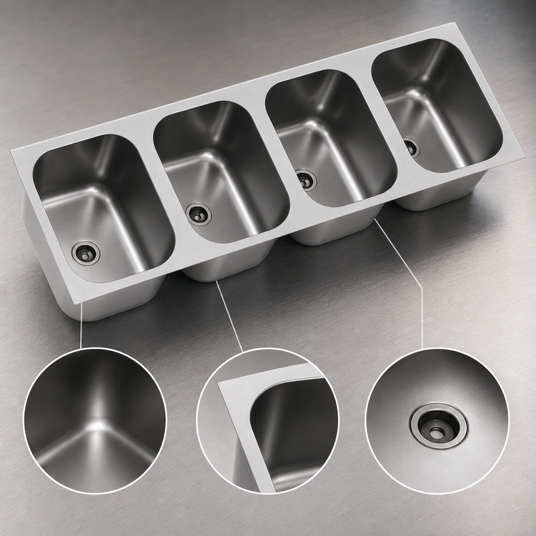Product image #3 for Eagle Group FDI-16-19-8-4 Four-Compartment Weld-In Sink with 16" x 20" x 8" Bowls, 304 Stainless Steel