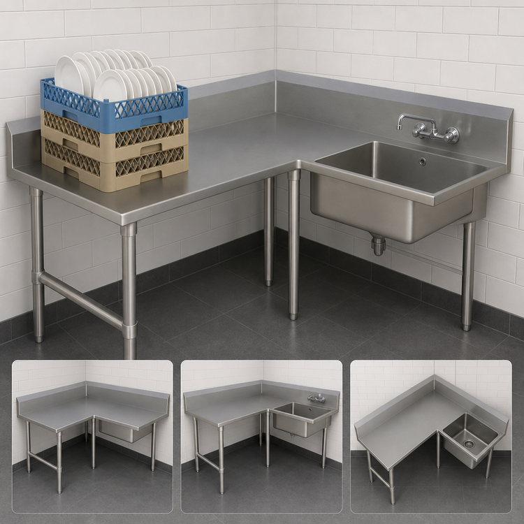 Product image #3 for John Boos Pro-Bowl 60-Inch L-Shaped Corner Soiled Dish Table with 20 x 20 x 8-Inch Sink Bowl, Left-to-Right, 16 Gauge 300 Series Stainless Steel