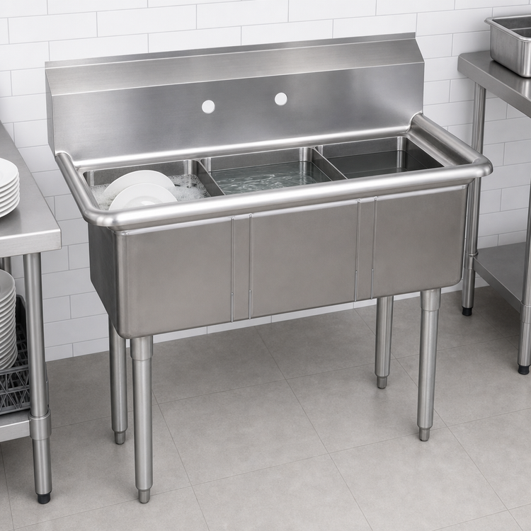 Product image #3 for BK Resources Economy 3-Compartment Stainless Steel Sink with Legs and 9-Inch Backsplash