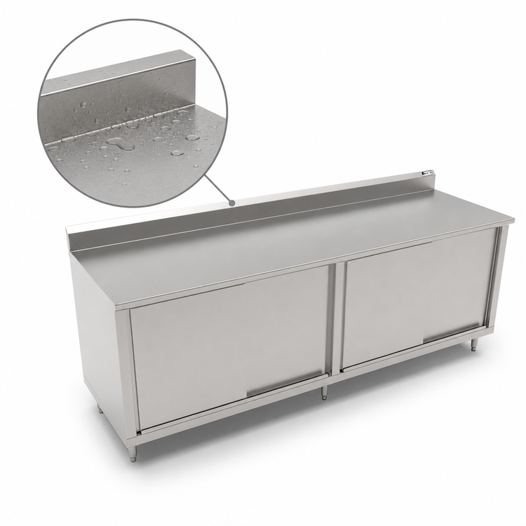 Product image #3 for John Boos 108 Inch x 24 Inch Stainless Steel Cabinet Base Work Table with Sliding Doors and 5 Inch Backsplash
