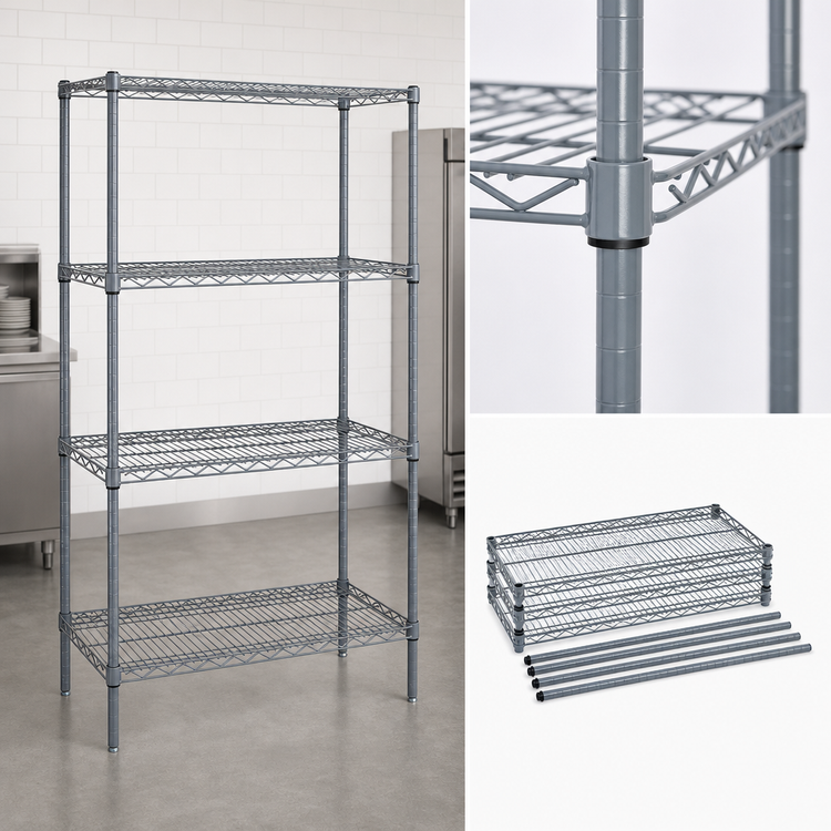 Product image #3 for Quantum 30" W x 18" D x 54" H Wire Shelving Starter Kit, 4-Shelf Stationary Unit, Gray Epoxy Antimicrobial Finish