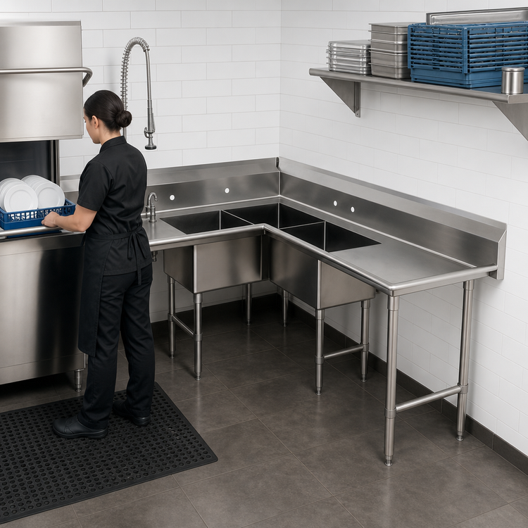 Product image #3 for Advance Tabco 96-Inch Left-Hand Corner Dishtable with 3-Compartment Sink and 48-Inch Drainboard