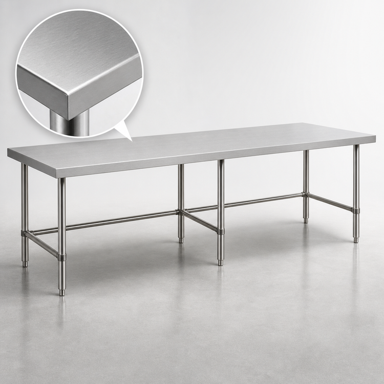 Product image #3 for Sapphire 120-Inch x 30-Inch 430 Stainless Steel Flat Top Open Base Work Table with Beveled Square Edge