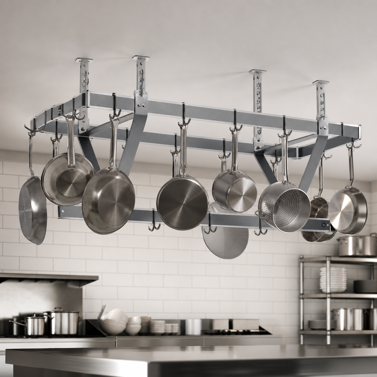 Product image #3 for Eagle Group Ceiling-Mounted Triple-Bar Aluminum Pot Rack with 9 Double-Pronged Hooks, 28 x 20 x 18 Inches