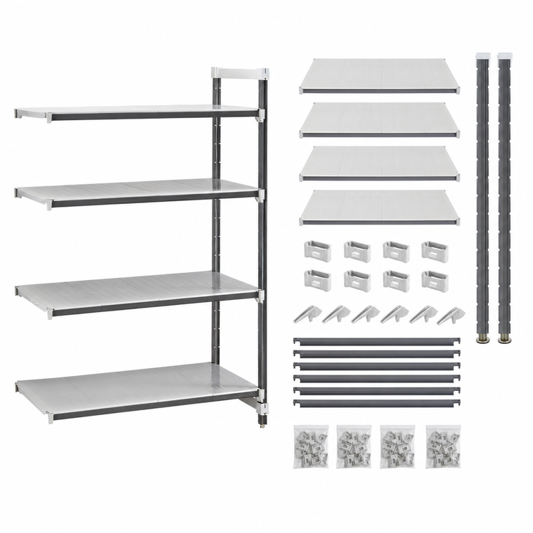 Product image #3 for Cambro Camshelving Elements XTRA 4-Tier Solid Stationary Add-On Shelving Unit, 21" x 72" x 64", Speckled Gray
