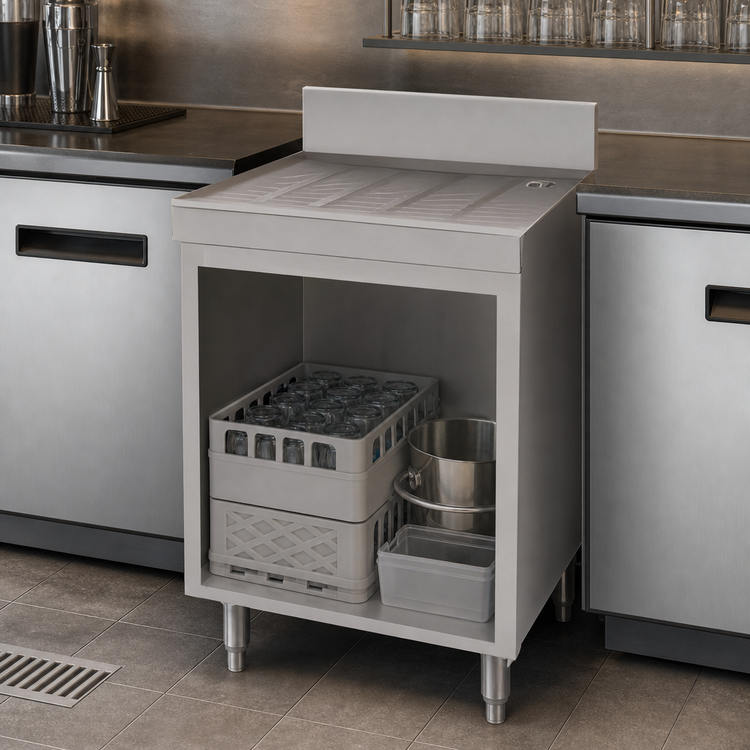 Product image #3 for Advance Tabco Underbar Basics Stainless Steel Open Cabinet Base Drainboard with 4-Inch Backsplash, 36 x 21 x 33 Inches